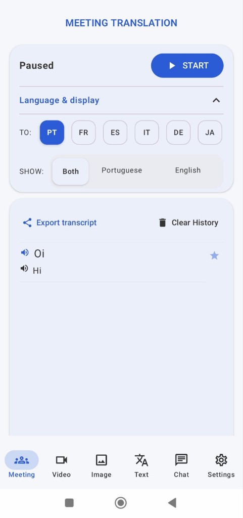 Tela do MeTranslator em modo reunião