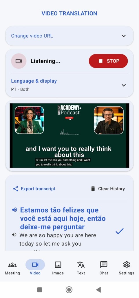Modo vídeo do MeTranslator com legendas